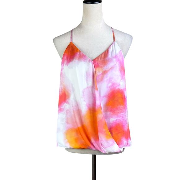 Parker Harlow Pink Orange Sunset Tie Dye Silk Blend Surplice Strappy Blouse - Picture 4 of 14